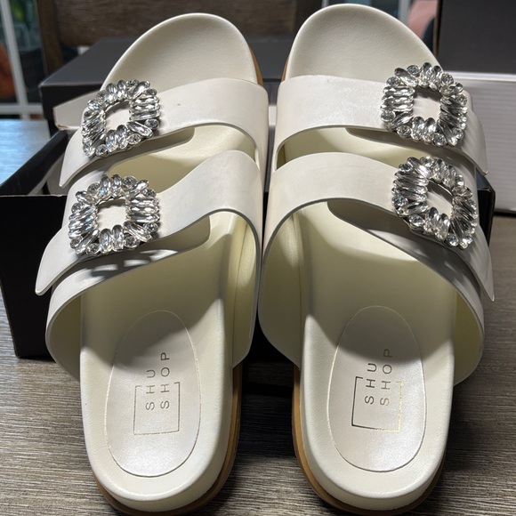 ShuShop Cream Slide Sandals with Sparkling Buckles - Picture 1 of 5